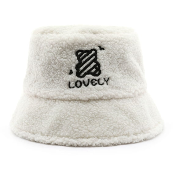 vnanda Soft Comfortable Fisherman Hat Women Winter Fisherman Hat Thick Plush Cartoon Bear Embroidery Flat Top Windproof Warm Soft Anti-slip Lady Bucket