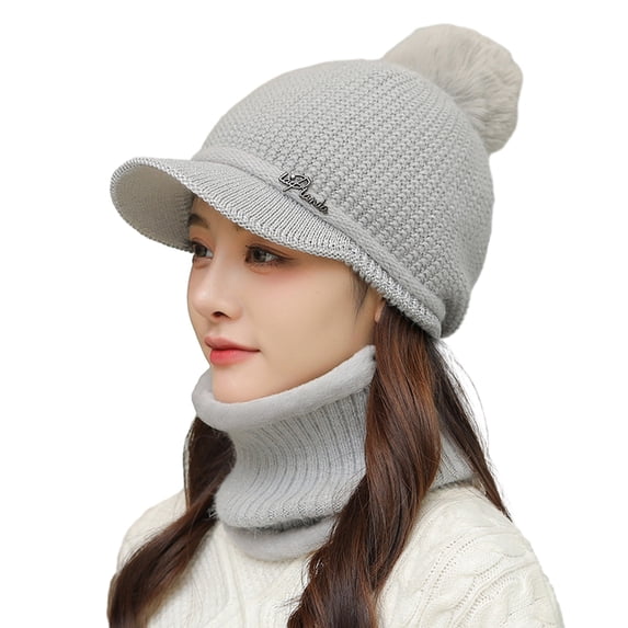 vnanda Weather Thermal Hat 2 Pcs/set Knitted Plush Ball Decor Hat Scarf Set Solid Color Elastic Soft Thermal Windproof Wide Brim Baseball Hat Neck Wrap Neck