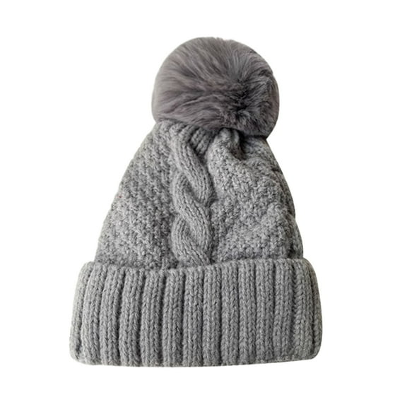 vnanda Winter Beanie Women Fall Winter Hat Thickened Knitted Soft Elastic Warm Anti-slip Ear Protection Plush Ball Decor Twisted Pattern Outdoor Beanie