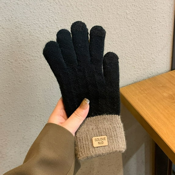 vnanda Winter Outdoor Gloves Stay Warm Stylish with 1 Pair of Unisex Winter Gloves Soft Thick Plush Full Fingers Knitted Color Matching Anti-slip Thickened