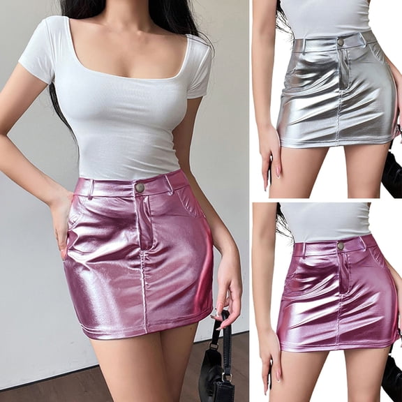 vnanda Women High Waist Skirt Women Skirt High Waist Faux Leather Button Zipper Closure Soft Short Glossy Pockets Slim Fit Club Party Mini Skirt Faux Leather