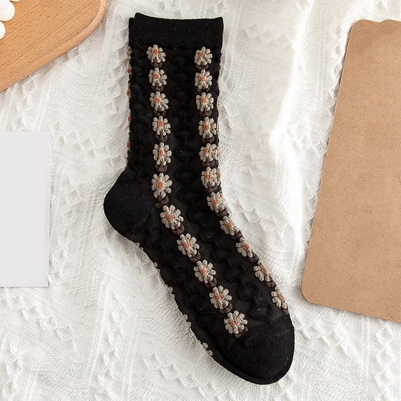 vnanda Women Knitted Socks Vintage Forest Style Ladies Socks with Flower Warm Soft Anti-slip Mid-tube Socks for Women Thick High Elasticity Winter Knitted