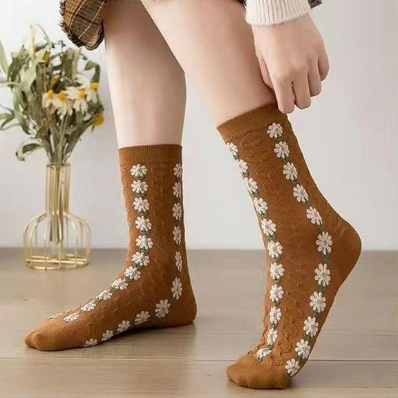 vnanda Women Knitted Socks Vintage Forest Style Ladies Socks with Flower Warm Soft Anti-slip Mid-tube Socks for Women Thick High Elasticity Winter Knitted