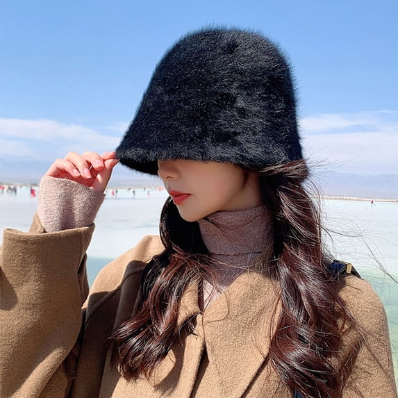 vnanda Women Plush Bucket Hat Women Winter Imitation Rabbit Fur Fisherman Hat Soft Warm Adjustable Plush Bucket Hat