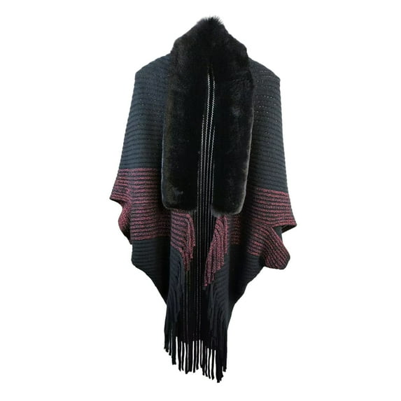 vnanda Women Shawl Women Winter Shawl Knitted Thick Plush Tassel Open Stitch Cardigan Faux Fur Solid Color Neck Protection Windproof Ponchos Party Prom Cape