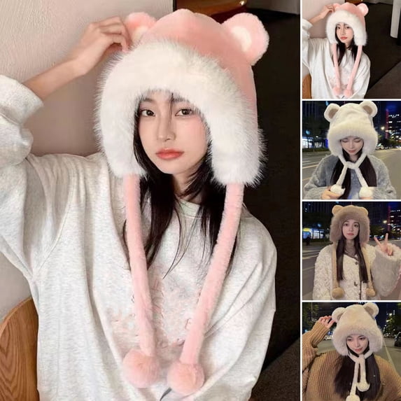 vnanda Women Winter Fuzzy Plush Earflap Hat Cute Cartoon Bear Ears Pompom Chin Strap Windproof Thermal Beanies