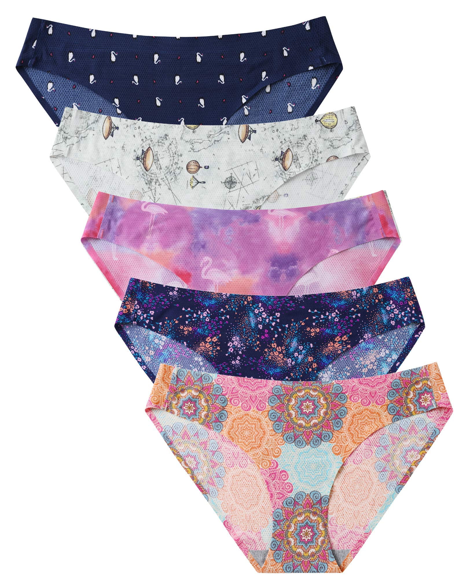 voenxe Womens Seamless Underwear Breathable Stretch Bikini Panties (5 Pack  Pattern Design, Medium)