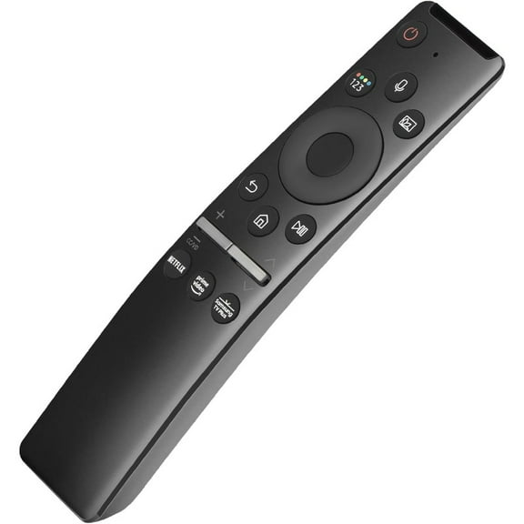 A voice remote control replacement for Samsung smart TVs, compatible with Samsung LED QLED 4K 8K Crystal UHD HDR curved smart TVs, supporting Netflix and Prime Video, and featuring a Samsung Plus but