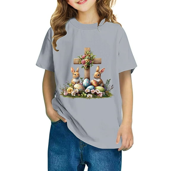 vokkrv Boys Girl's Cute Easter Graphic Tees Cartoon Print Short Sleeve T Shirts Summer Tops Gray 4 Years