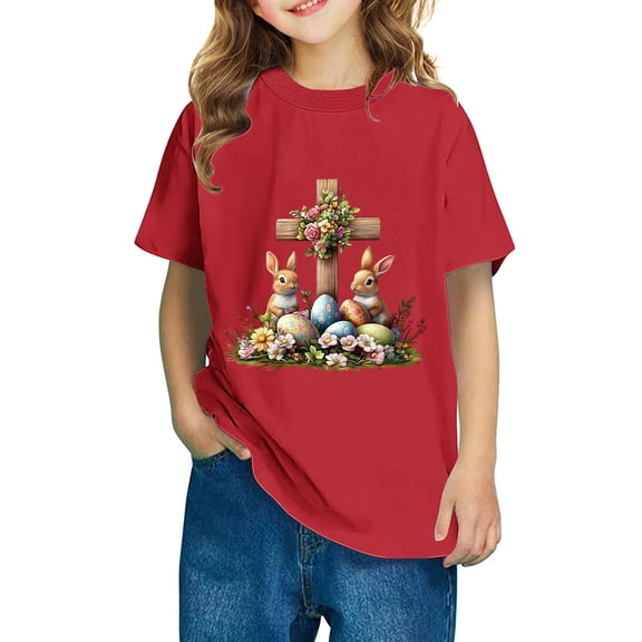 vokkrv Boys Girl's Cute Easter Graphic Tees Cartoon Print Short Sleeve T Shirts Summer Tops Red 5 Years