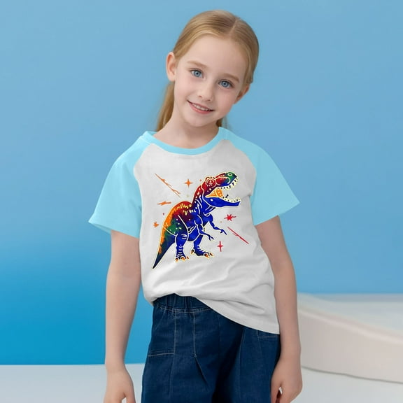 vokkrv Dinosaur Print T shirt For Toddler Kids Boys Girls Cute Round Neck Print Short Sleeve Tops Blue 7 Years
