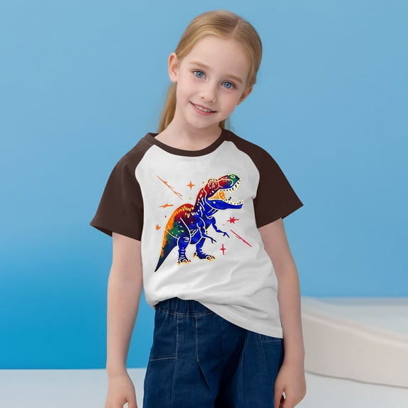 vokkrv Dinosaur Print T shirt For Toddler Kids Boys Girls Cute Round Neck Print Short Sleeve Tops Brown 7 Years