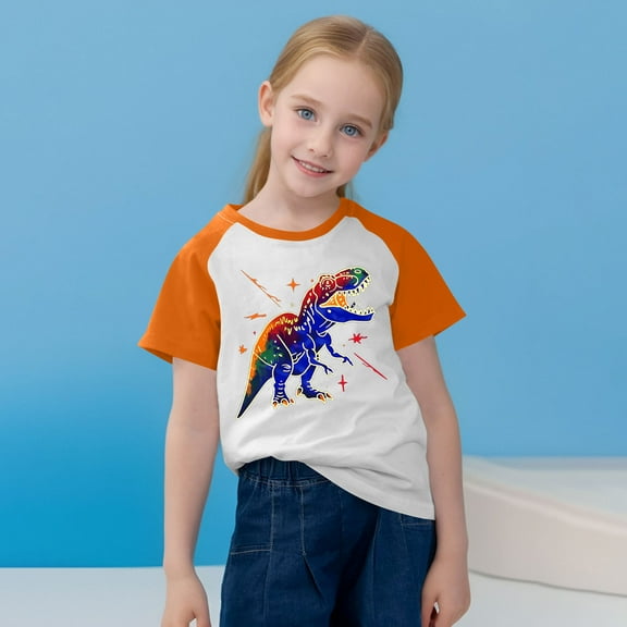 vokkrv Dinosaur Print T shirt For Toddler Kids Boys Girls Cute Round Neck Print Short Sleeve Tops Orange 13 Years