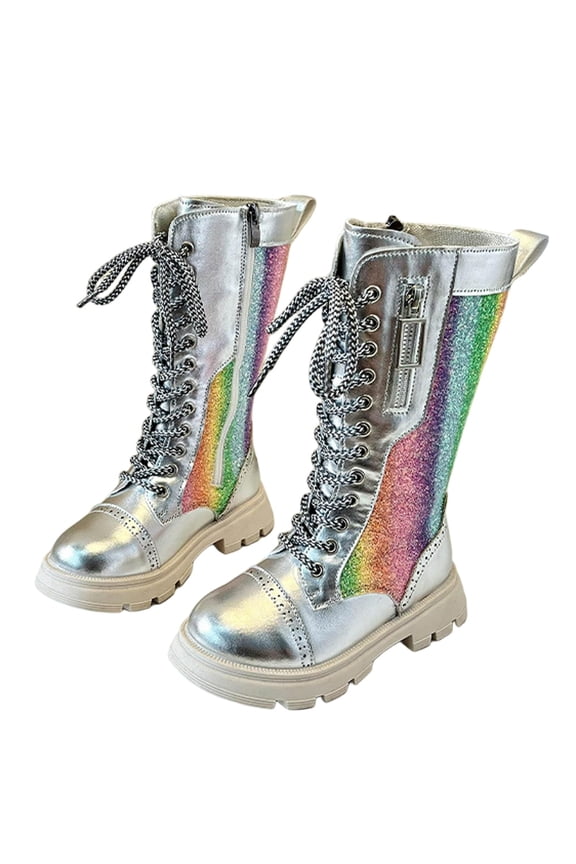 vokkrv Girl's Knee High Boots Lace Up Side Zipper Cute Soft Boots Faux Leather Non Slip Riding Boots Sole Chunky Heels Shoes