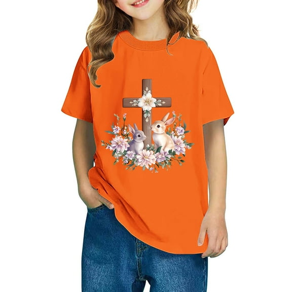 vokkrv Girls Boys Short Sleeve Easter Print T Shirts Kids Summer Tops Crewneck Tees 3-14 Years Orange 9 Years