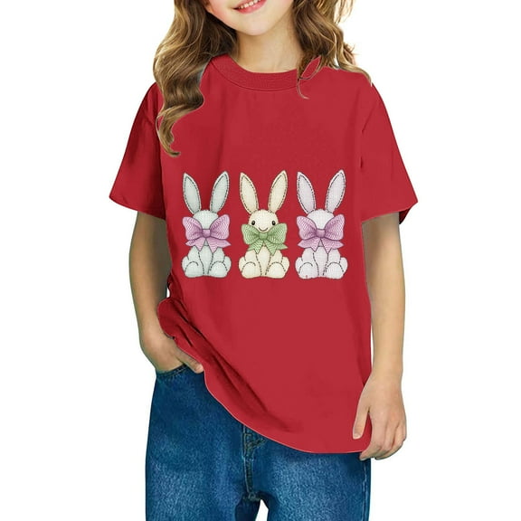 vokkrv Girls Casual Shirts Crew Neck Short Sleeve Tops Easter Cartoon Print Loose Blouses 3-14 Years Red 4 Years