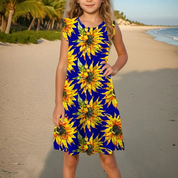vokkrv Girls Cotton Floral Dress Ruffle Short Sleeve Summer Party Dress for Kids 5-14Y Dark Blue 7-8 Years