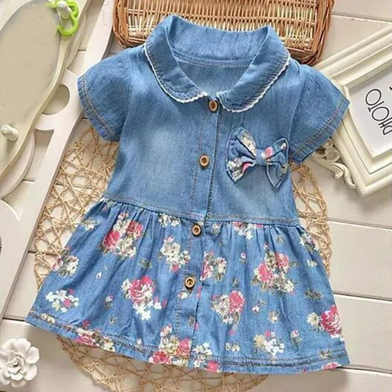 vokkrv Girls' Denim Dress - Casual Short Sleeve Jean Dress for Girls - Button Down Blue Knee Level Dresses for Girls Blue 18-24 Months