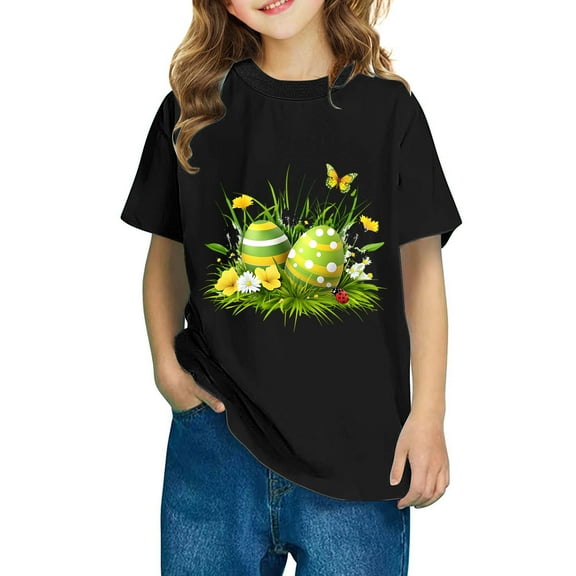 vokkrv Girls Easter Cartoon Print Summer Tops Spring Cute T shirt Short Sleeve Tee Loose Kids Top Black 4 Years