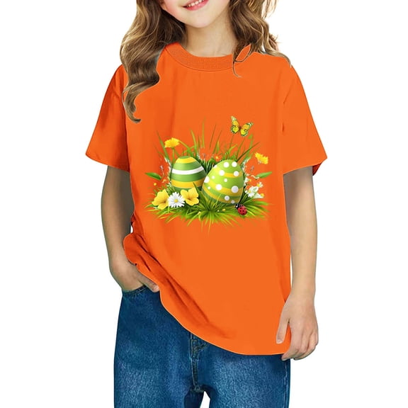 vokkrv Girls Easter Cartoon Print Summer Tops Spring Cute T shirt Short Sleeve Tee Loose Kids Top Orange 3 Years