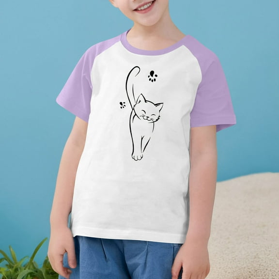 vokkrv Girls' Summer T Shirts Cartoon Print Crewneck Short Sleeve Cute Casual Tops Purple 9 Years