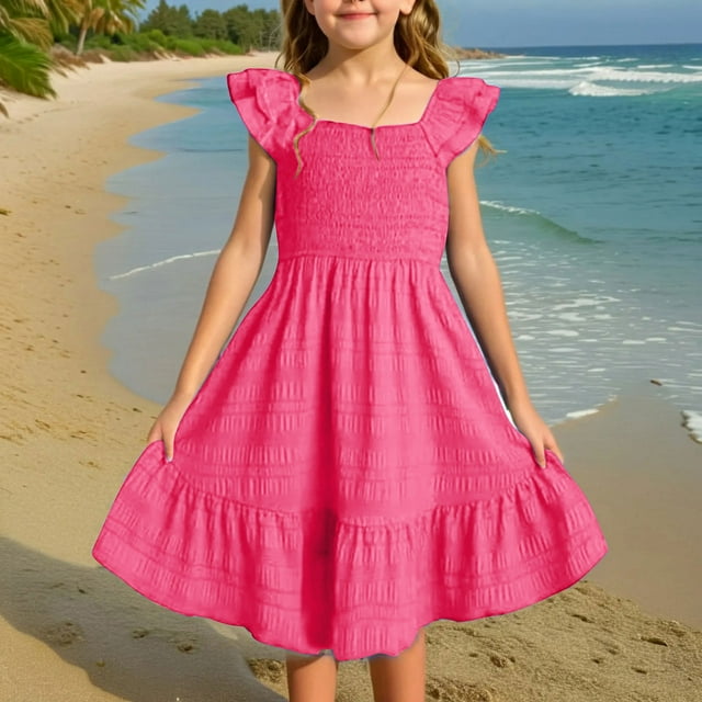 vokkrv Girls Sundress Kids Cute Ruffle Strap Smocked Summer Dress for Wedding Party 5-14 Years Hot Pink 5-6 Years