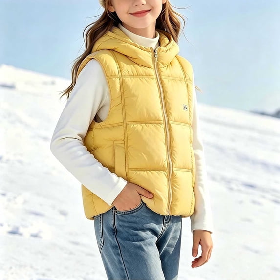 vokkrv Kids Sleeveless Zip Up Hooded Vest Jacket, Waistcoat Warm Outerwear, Windproof Casual Layering Coat for Boys Girls Winter Outdoor Yellow 11-12 Years