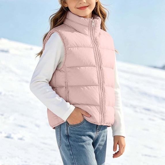 vokkrv Kids Solid Color Zip Up Sleeveless Jacket, Wind Resistant Warm Casual Outerwear, Fashion Daily Coat for Boys Girls Winter Outdoor Activities Pink 3-4 Years