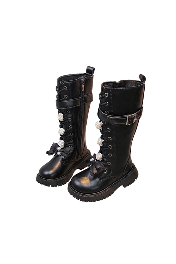Lace Up Riding Boots Girls Mid Calf Cute Soft Boots PU Leather Side Zipper Punk Goth Boot Non Slip Toddler Winter Shoes