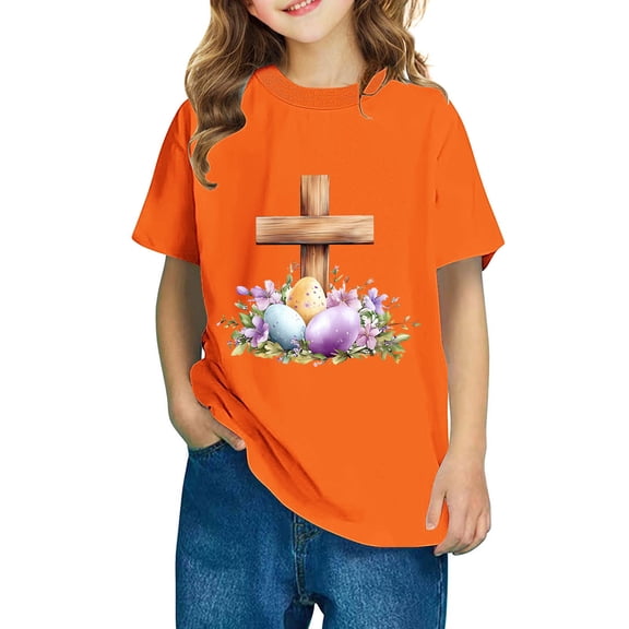 vokkrv Toddler Girl's Easter Graphic Tees Short Sleeve Crew Neck T Shirt Casual Summer Tee Tops Orange 3 Years