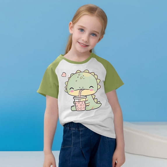 vokkrv Toddler Kids Boys Girls Cartoon Dinosaur Print T shirt Cute Round Neck Print Short Sleeve Tops Mint Green 7 Years