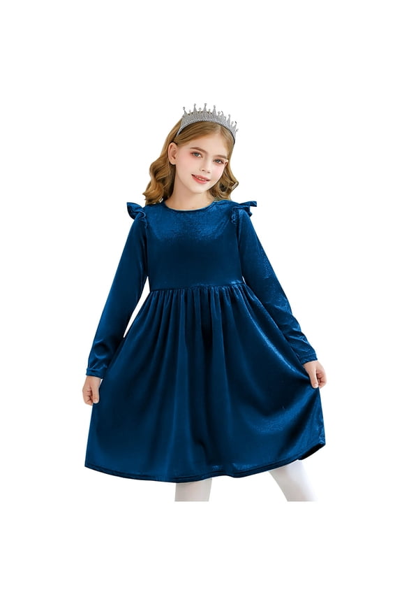 Toddler Tutu Dresses Little Girls Velvet Tulle Fall Winter Long Sleeve Ruffle Holiday Party Dress 0-12 Y Blue 11-12 Years
