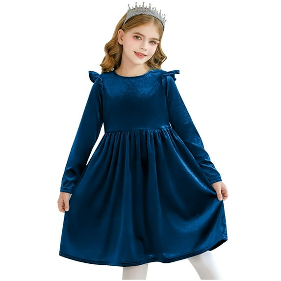 vokkrv Toddler Tutu Dresses Little Girls Velvet Tulle Fall Winter Long Sleeve Ruffle Holiday Party Dress 0-12 Y Blue 7-8 Years