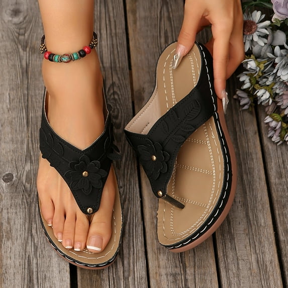 vokkrv Women's Orthotic Comfortable Arch Support Dressy Flat Sandals Elastic Open Toe Walking Sandals for Summer Black 9