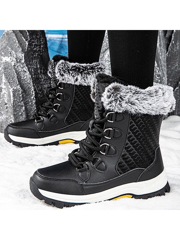 Women's Warm Insulated Plush Lined Waterproof Mid Calf Winter Snow Boots Black 12.5