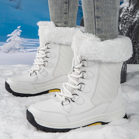 vokkrv Women's Warm Insulated Plush Lined Waterproof Mid Calf Winter Snow Boots White 9.5