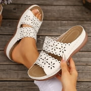 vokkrv Womens Flat Sandals with Arch Support Adjustable Buckle Slip on Slides Summer Open Toe Beach Sandals White 9.5
