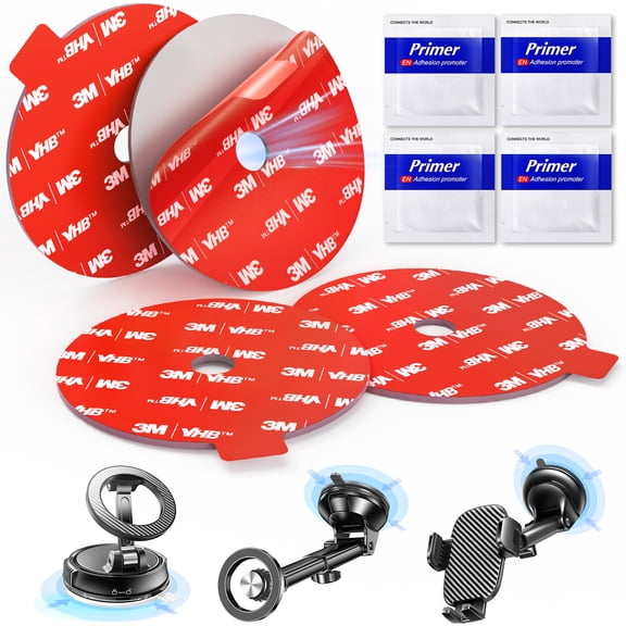 Adhesive Sticky for Car Phone Mount: 4 Pcs 75mm Double Sided Pad with Adhesion Promoter for Suction Cup Holder - 3M VHB Heat Resistant Replacement Tape Strong Hold for Windshield Window Dashboard Das