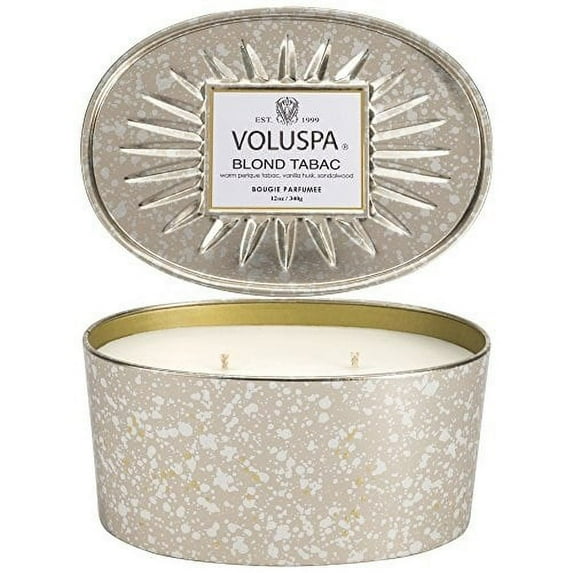 voluspa blond tabac 2 wick candle in decor oval tin 11 oz