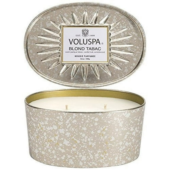 voluspa blond tabac 2 wick candle in decor oval tin 11 oz