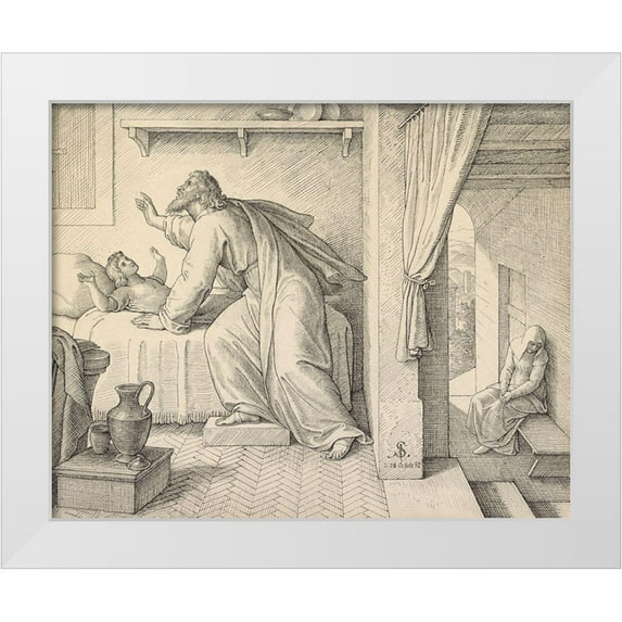 Von Carolsfeld, Julius Schnorr 24x20 White Modern Wood Framed Museum Art Print Titled - Elijah Revives the Son of the Widow of Zarephath
