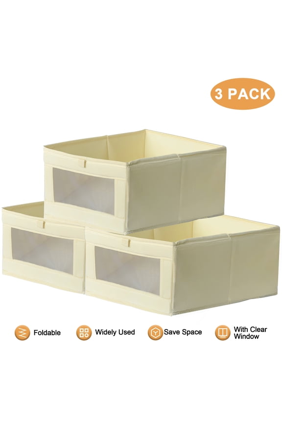 3 Pack Fabric Bins Linen Closet Organizers Collapsible Storage Bin with Window Beige