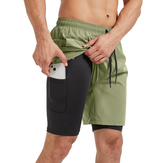 voofly Mens Quick Dry Shorts Workout Shorts for Men Lightweight 2 in 1 Workout Shorts with Zipper Pocket Drawstring Olive Green XL