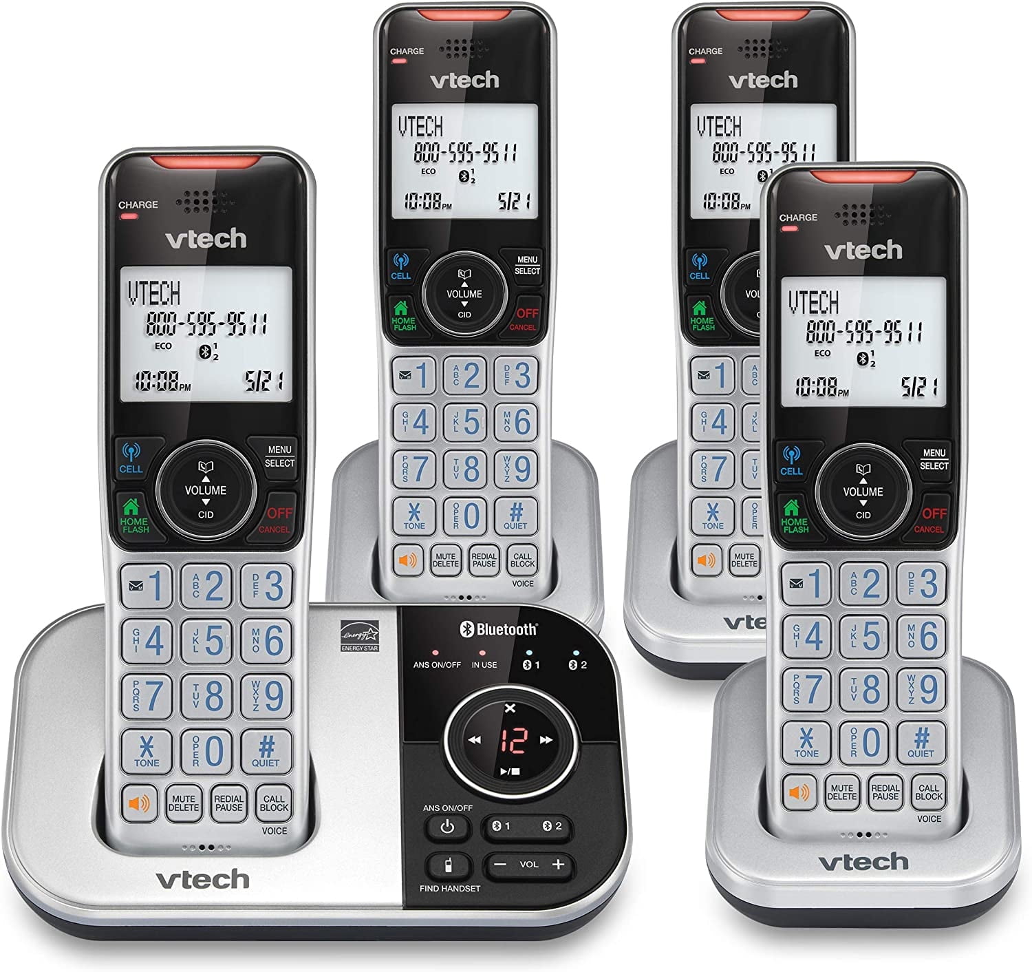 vtech VS DECT 6.0 Bluetooth 4 Handset Cordless Phone for Home with Answering Machine, Blocking, Caller ID, Intercom and Connect to Cell (Silver & Black) Silver 4 Handsets Phone