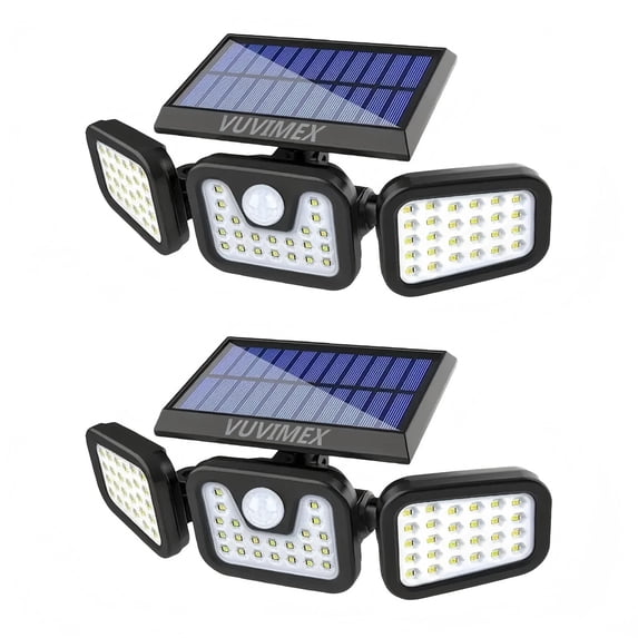 VUVIMX 2500LM 74 LED Solar Outdoor Security Lights - 3-Head Motion Sensor Lighting Fixtures with IP65 Waterproof, 3 Modes (2 Pack)