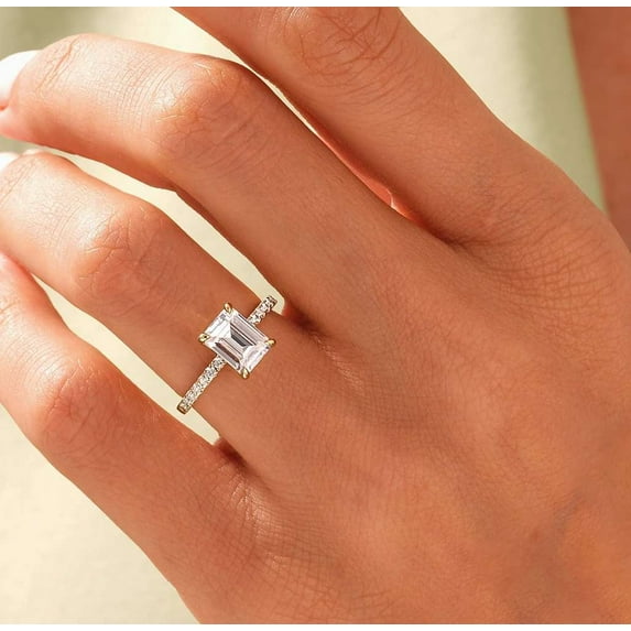 vylahjewellery 1.50 CT Emerald Cut Moissanite Diamond Ring Forever One 18K Rose Gold Anniversary Classic Ring