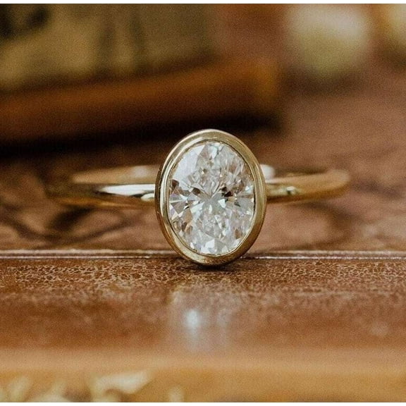 vylahjewellery 1 Ct Oval Cut Bezel One Diamond Ring White Gold Plated Solitaire Ring Moissanite Valentine's Special Gift for Women