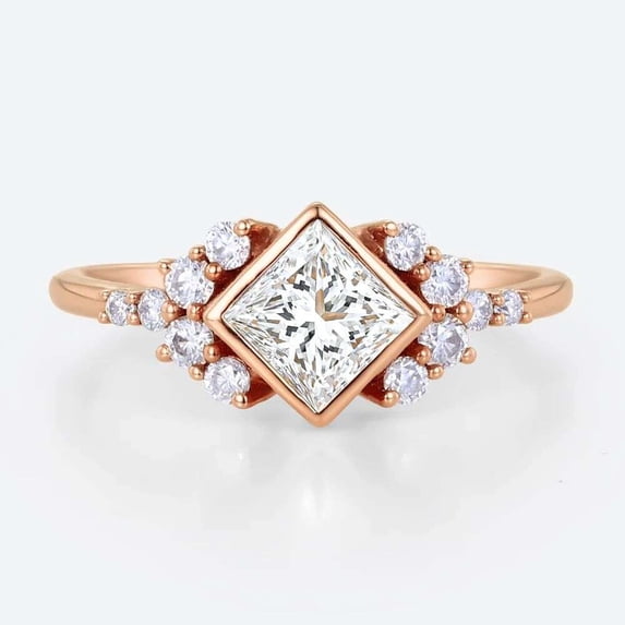 vylahjewellery 10K Vermeil Rose Gold Mother's Day Ring Bezel Princess Cut Diamond Wedding Bridal Ring Side Stone Round Moissanite Engagement Ring