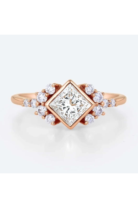 10K Vermeil Rose Gold Mother's Day Ring Bezel Princess Cut Diamond Wedding Bridal Ring Side Stone Round Moissanite Engagement Ring