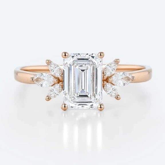 vylahjewellery 10K Vermeil Rose Gold Valentine Gift Rings with Marquise Side Stone Engagement Women Ring Moissanite Anniversary Ring Emerald Cut Diamond Comfort Fit Wedding Ring